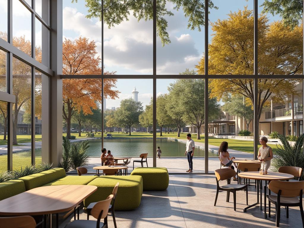 Modern cafe interior with large windows overlooking a park with colorful autumn trees and a water feature, people sitting and conversing inside.