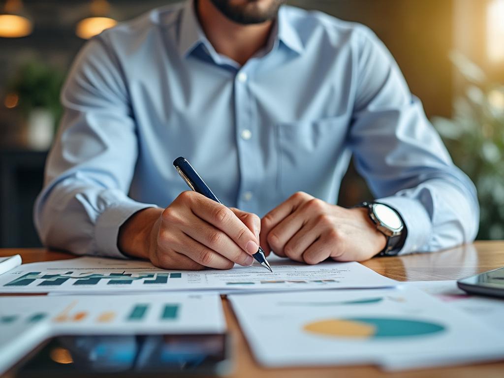 Hombre en camisa azul escribiendo sobre documentos financieros en una oficina.