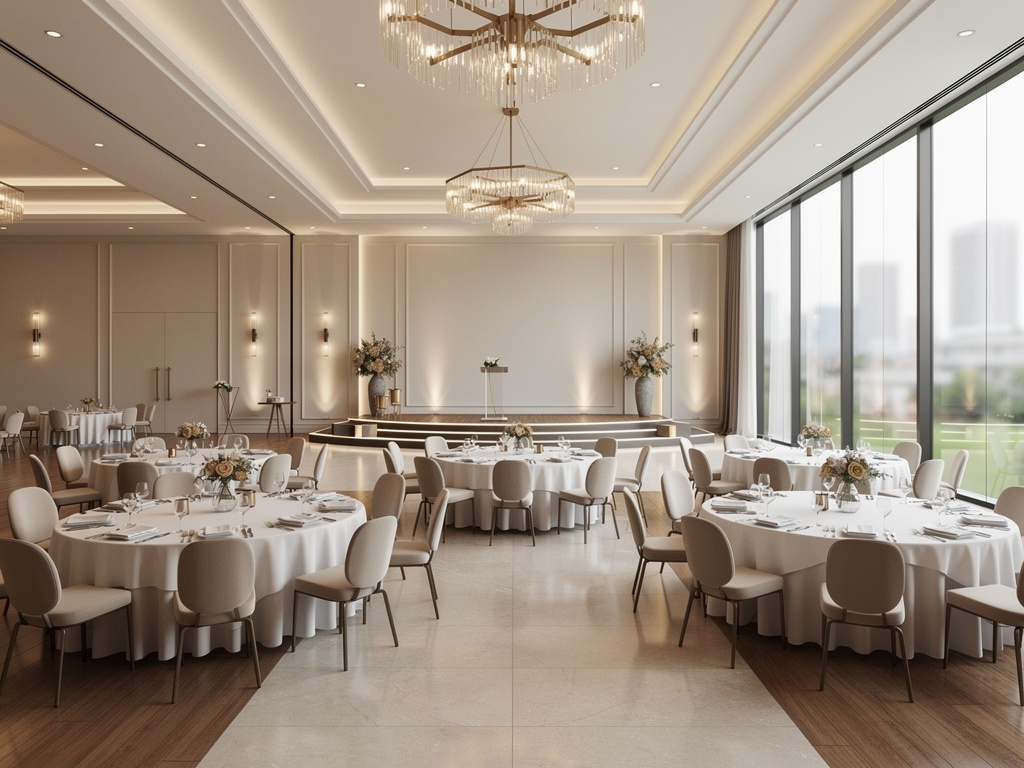 Salón de banquetes elegante para bodas con mesas redondas, lámparas de cristal, escenario y grandes ventanales