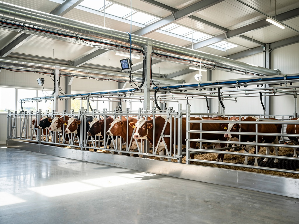 Vacas en establo moderno con sistema de ordeño automatizado y ventilación industrial