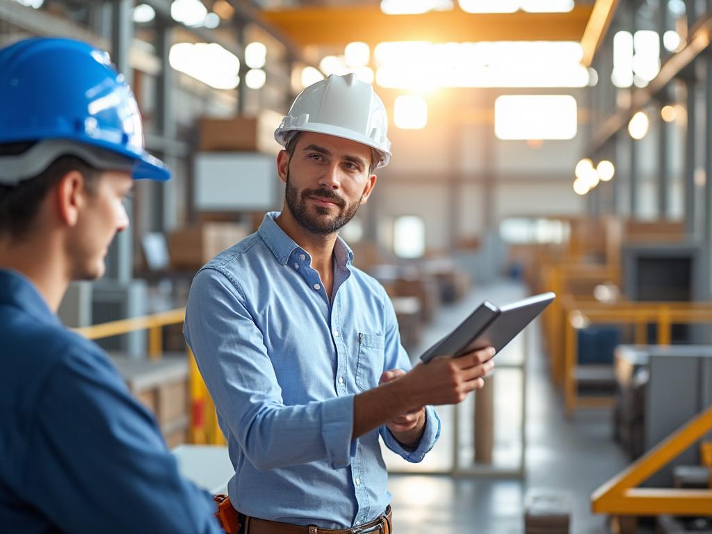 Two engineers in hard hats discussing in a factory setting, one holding a tablet.
