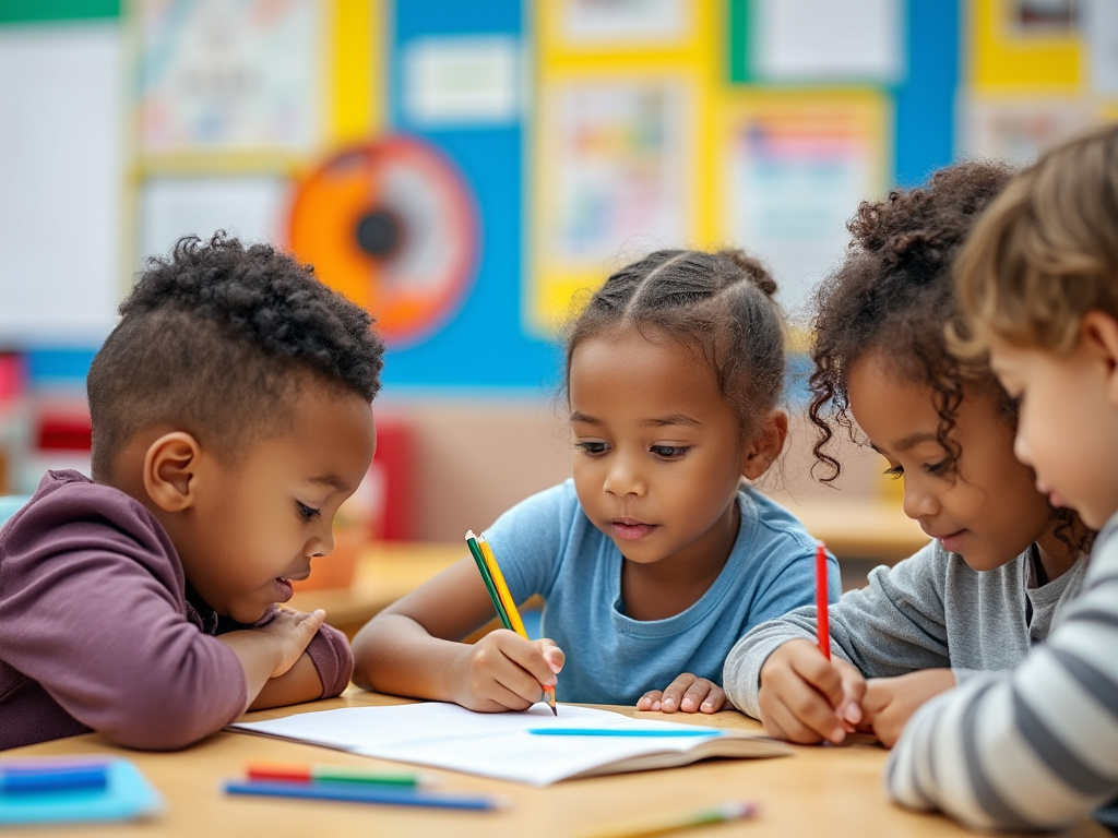 Group of young children drawing with colored pencils in a classroom setting.