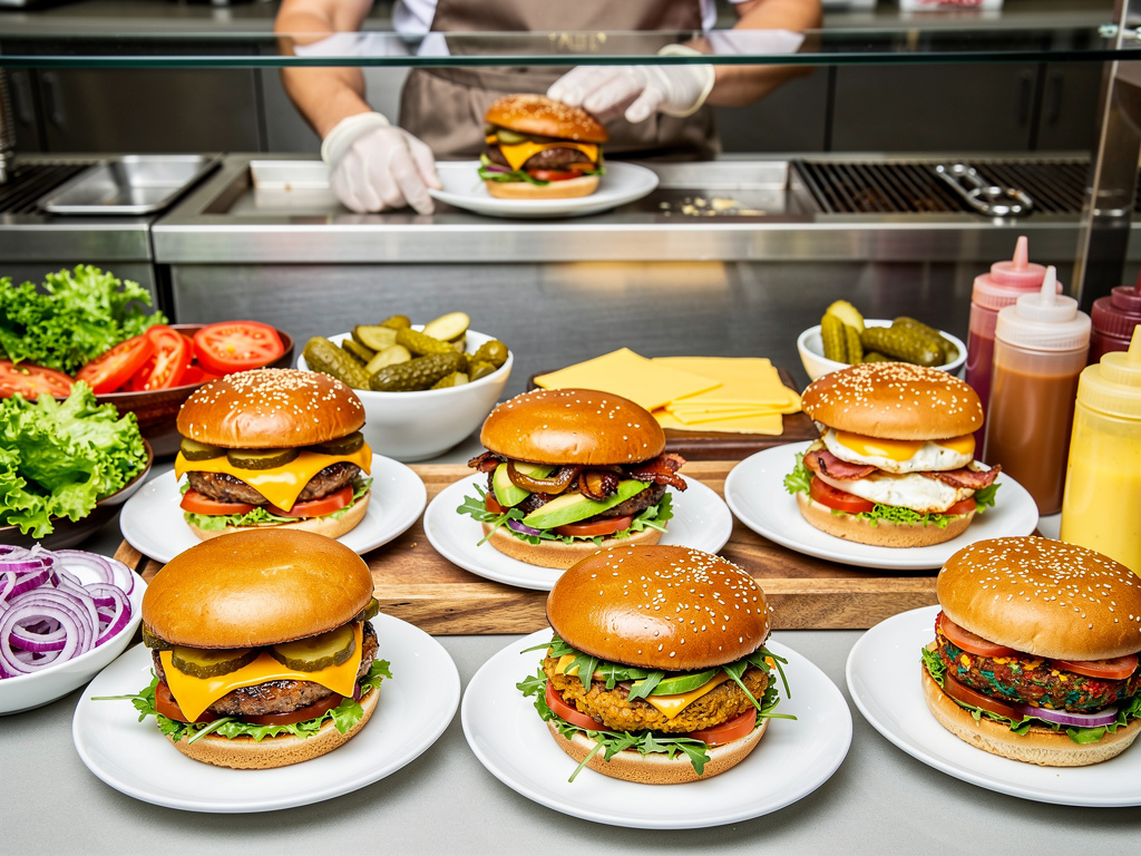 Variedad de hamburguesas gourmet con queso, verduras frescas, pepinillos y salsas en mostrador de restaurante