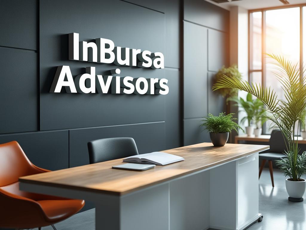 Oficina moderna de InBursa Advisors con escritorio de madera, silla naranja y plantas decorativas.
