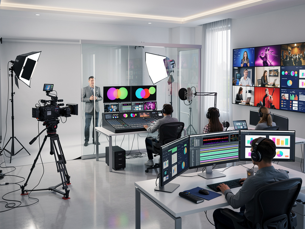 Modern video production studio with cameras, lighting, control room operators, and multiple monitors for live streaming and editing
Modern video production studio with cameras, lighting, control room operators, and multiple monitors for live streaming and editing