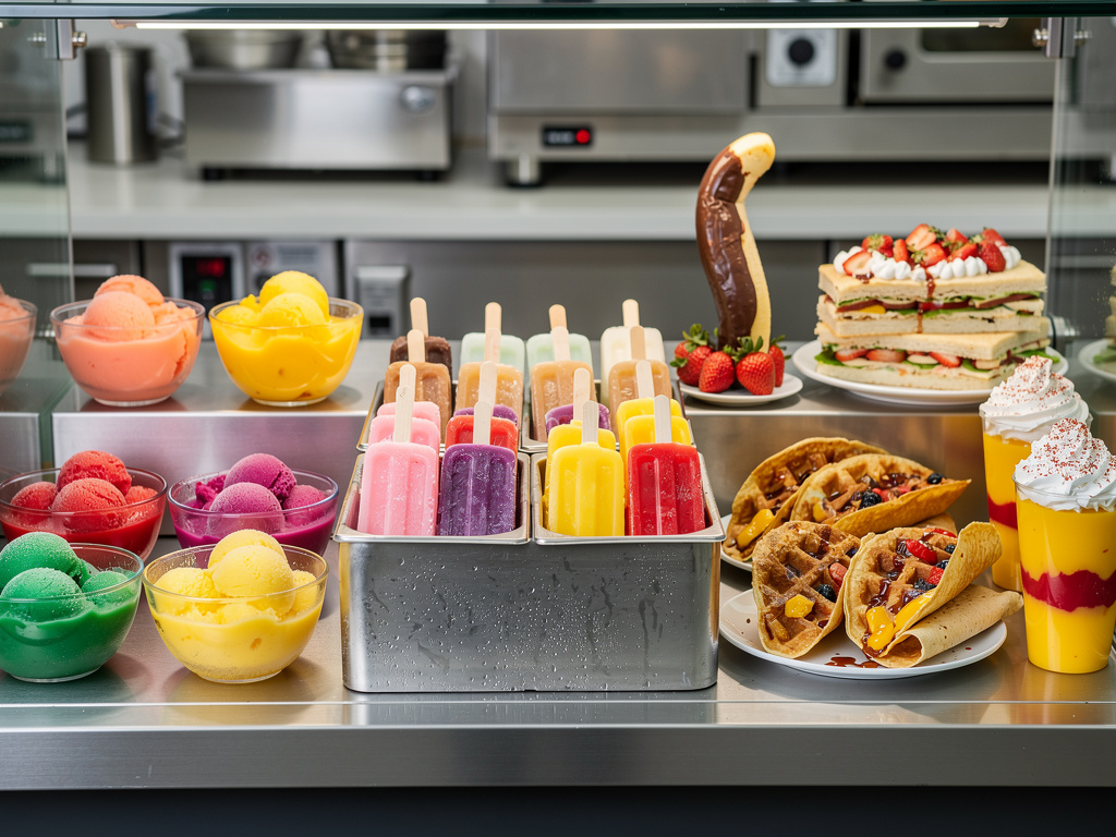 Vitrina de heladería con paletas de hielo, sorbetes coloridos, waffles, batidos y postres con fresas