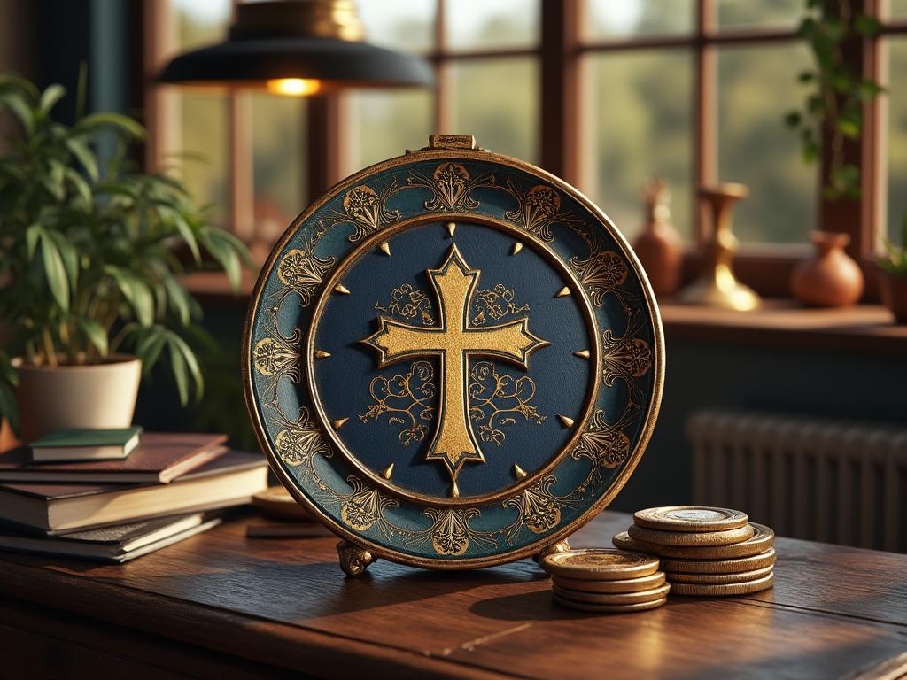 Plato decorativo con cruz dorada en el centro, rodeado de libros, monedas y planta sobre una mesa de madera.