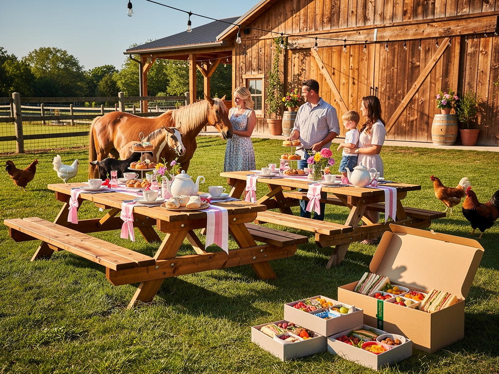 Family picnic tea party on a farm with horses, chickens, wooden barn, decorated picnic tables, and lunch boxes