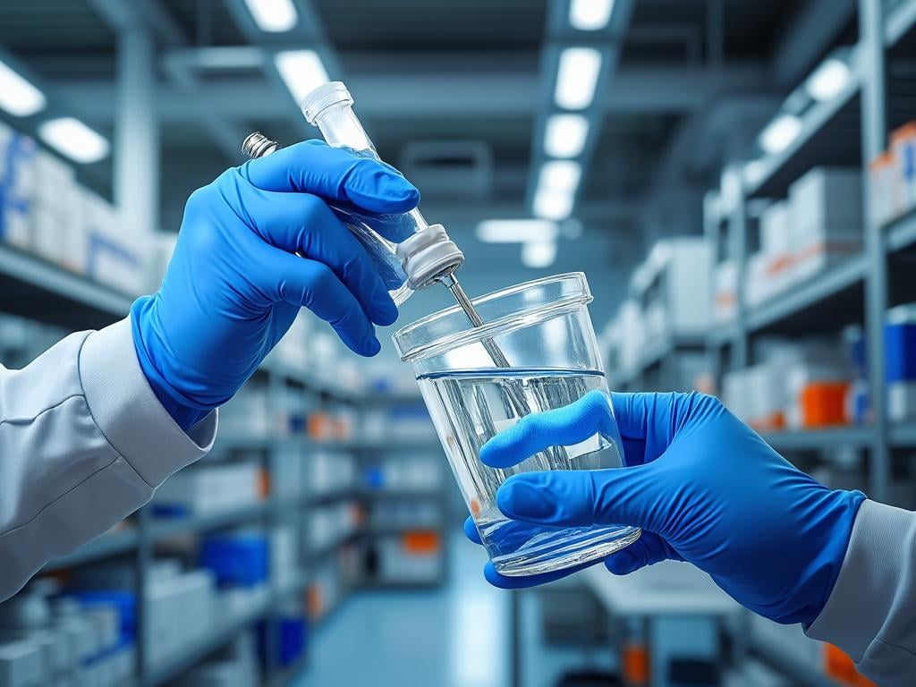 Investigador en laboratorio usando guantes azules para transferir líquido en un frasco de vidrio, estantes de suministros químicos al fondo. Investigador en laboratorio usando guantes azules para transferir líquido en un frasco de vidrio, estantes de suministros químicos al fondo.