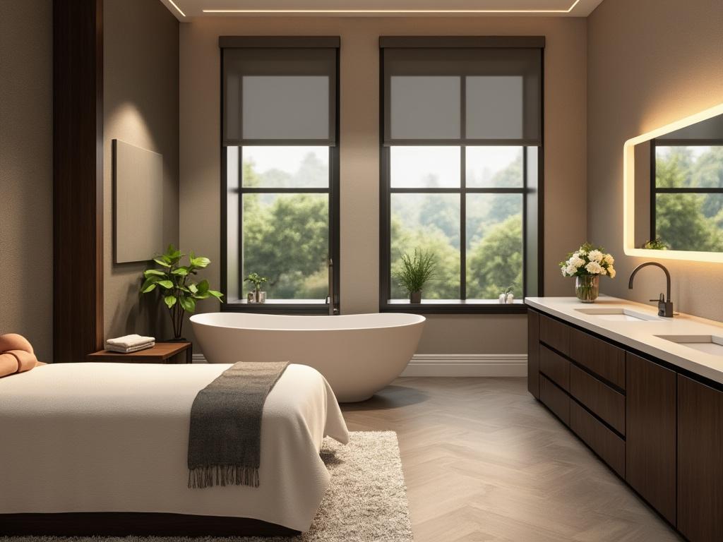 Modern bedroom and bathroom with freestanding tub, large windows, and elegant decor.