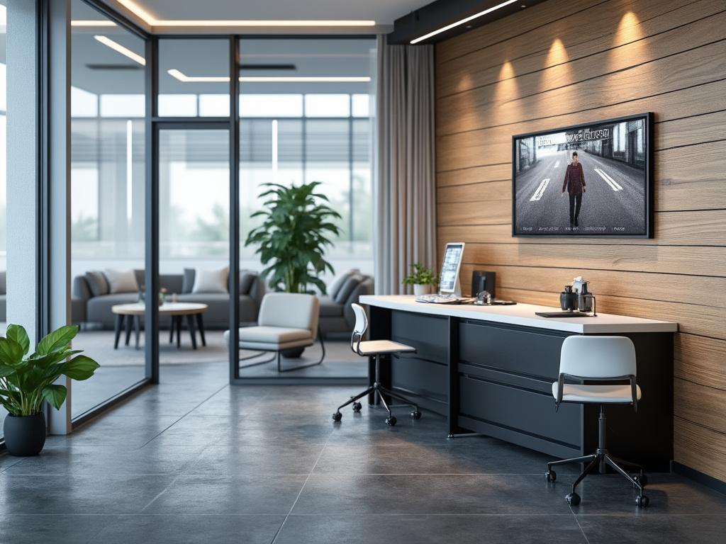 Modern office interior with minimalist design, featuring a desk with chairs, a wall-mounted TV, potted plants, and a seating area in the background.