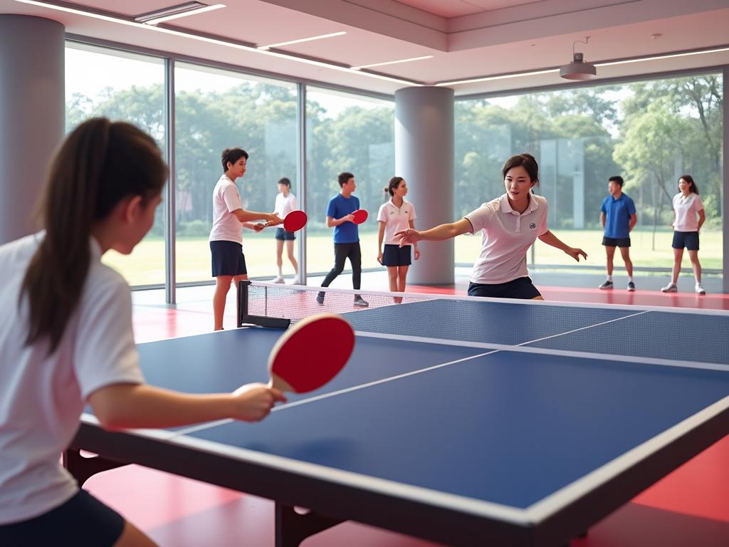 Group of young people playing table tennis in a modern indoor facility with large windows.