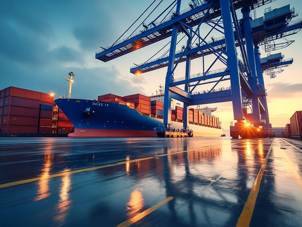 Buque de carga atracado en un puerto con grúas y contenedores al atardecer. Buque de carga atracado en un puerto con grúas y contenedores al atardecer.