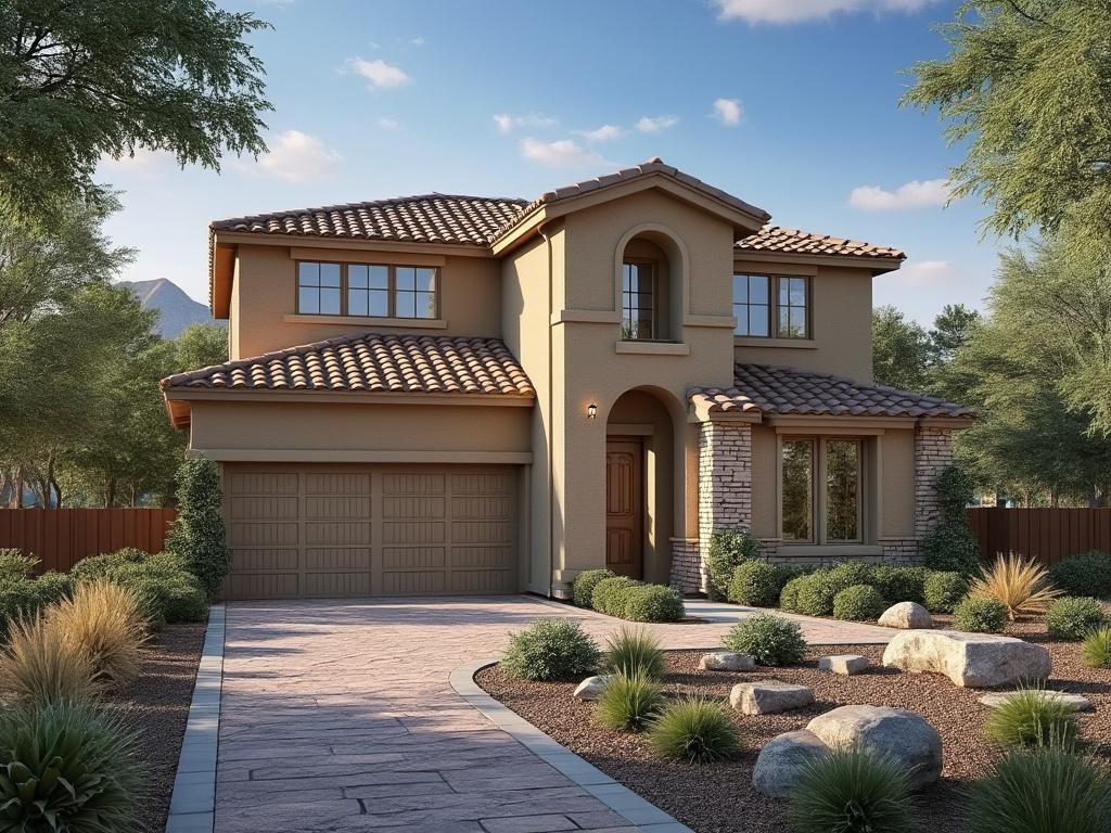 Modern two-story house with a tan stucco exterior, red tile roof, three-car garage, and drought-tolerant landscaping in a suburban neighborhood.