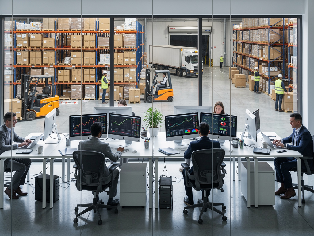 Oficina de logística moderna con analistas monitoreando datos y almacén automatizado con montacargas, estanterías y camión de carga Oficina de logística moderna con analistas monitoreando datos y almacén automatizado con montacargas, estanterías y camión de carga