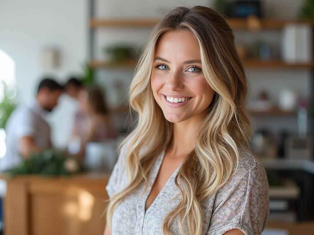 Mujer sonriendo en una cocina moderna con estanterías y plantas.