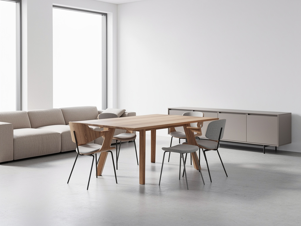 Modern minimalist dining room with wooden table, chairs, beige sofa, sideboard, and large windows