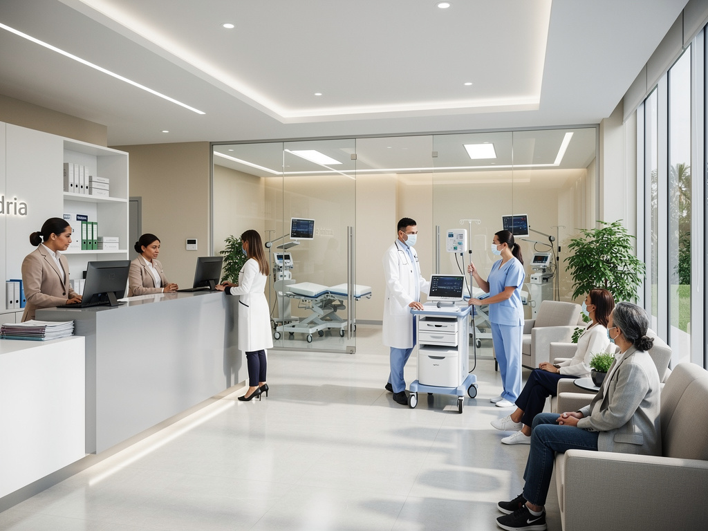Recepción moderna de clínica pediátrica con médicos, enfermeras, pacientes en sala de espera y equipos médicos avanzados