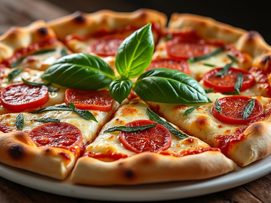 Pizza de pepperoni con hojas de albahaca fresca sobre una mesa de madera.