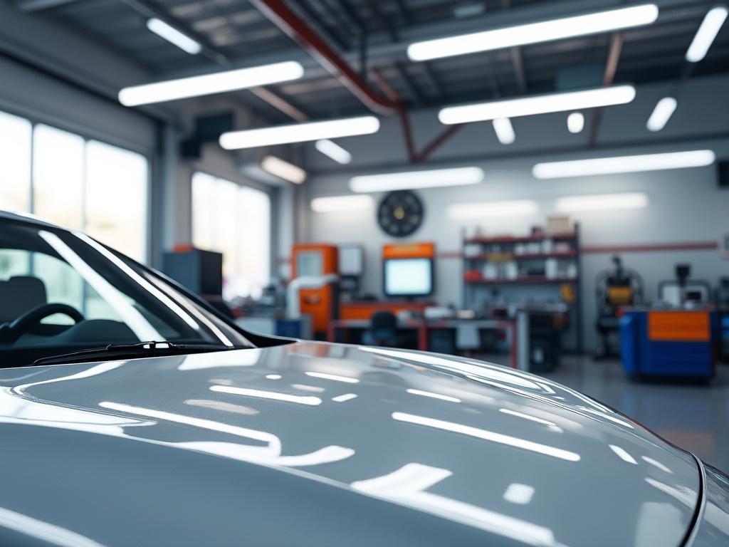 Interior de un taller mecánico moderno con un coche blanco al frente y herramientas al fondo.