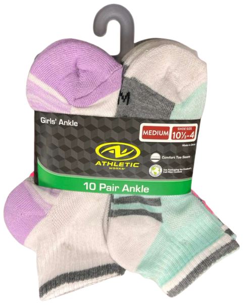 WMG5173AWP10
10PK ATHLETIC WORKS  GIRLS ANKLE SOCKS
SHOEMSIZE 10 1/2 - 4
UPC 730838872240
24 CS PACK