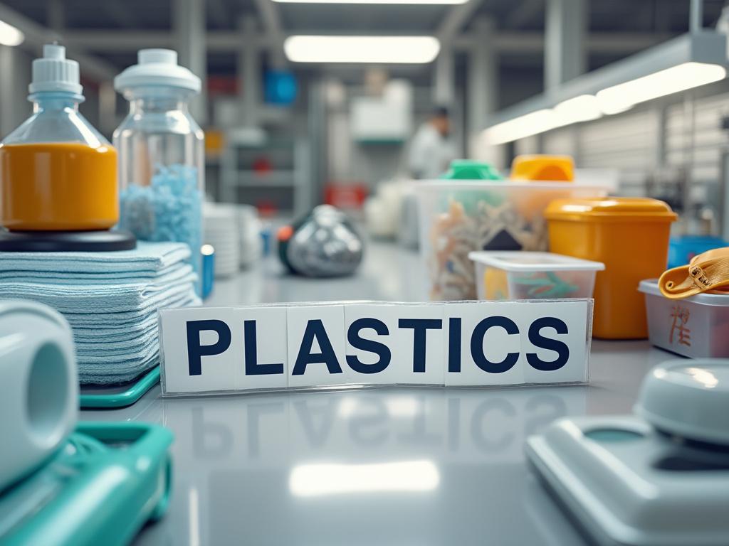 Mesa de laboratorio con botellas, recipientes de plástico y cartel que dice 'PLASTICS' en foco; entorno moderno de investigación.