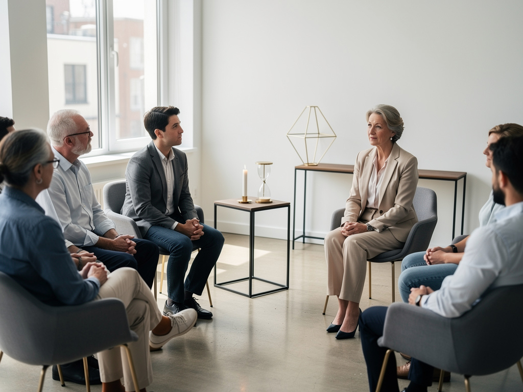 Group therapy session with adults seated in a circle in a bright modern counseling room