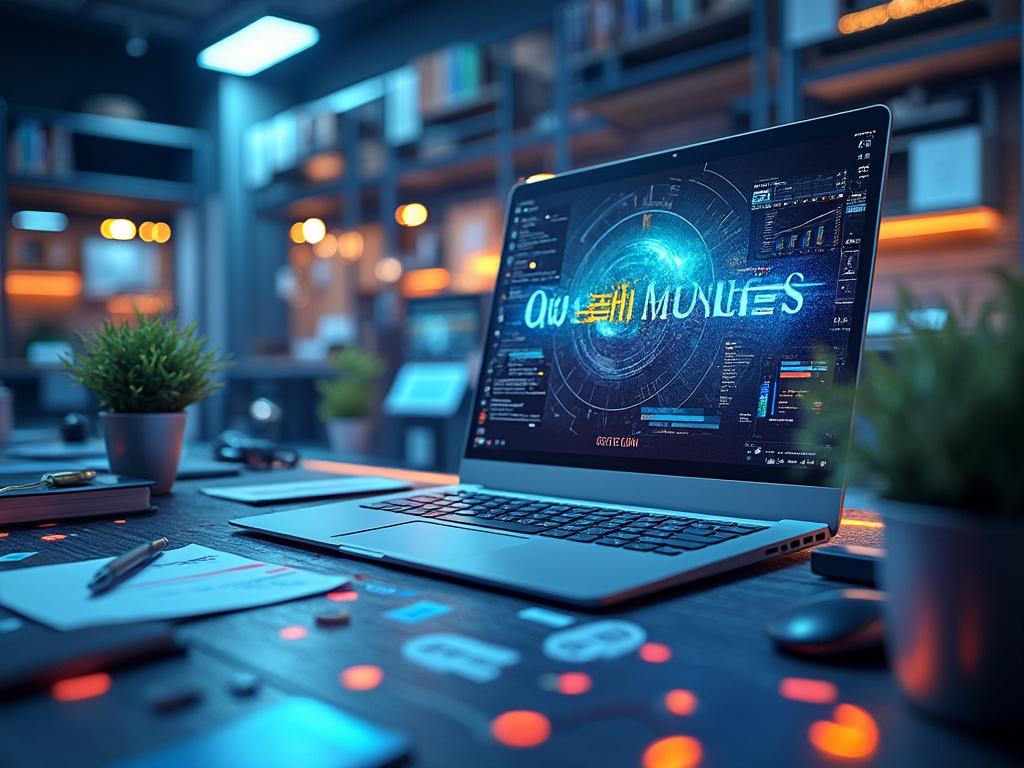 Oficina moderna con portátil mostrando gráficos digitales, con libros y plantas en el escritorio.