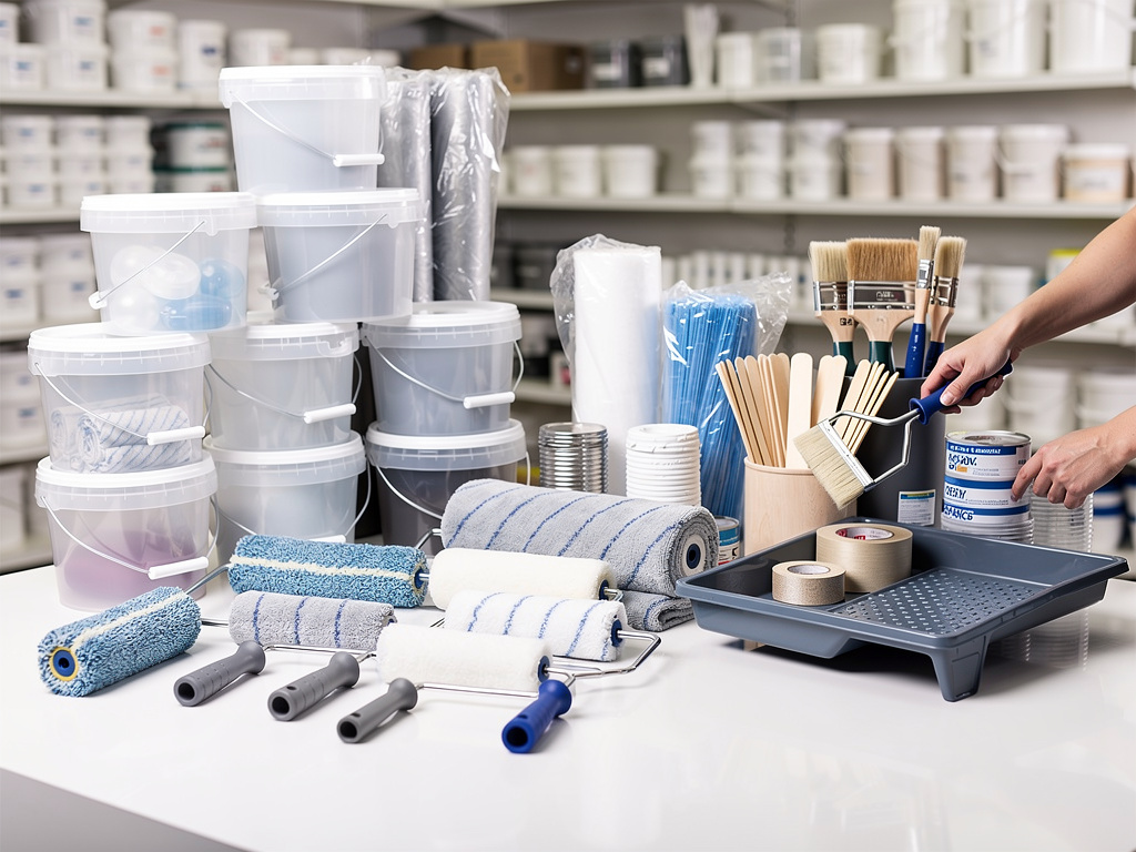 Suministros de pintura con rodillos, brochas, cubos, bandeja y cinta en tienda de materiales