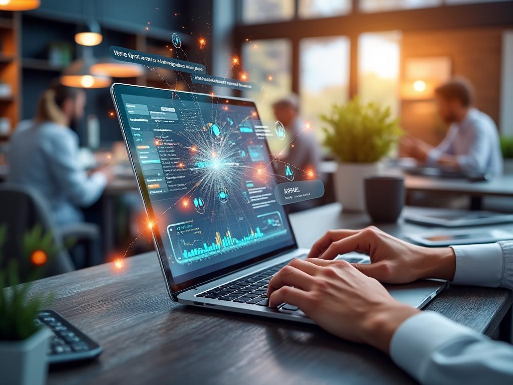 Persona usando una computadora portátil con datos y gráficos iluminados, en un entorno de oficina moderno.
