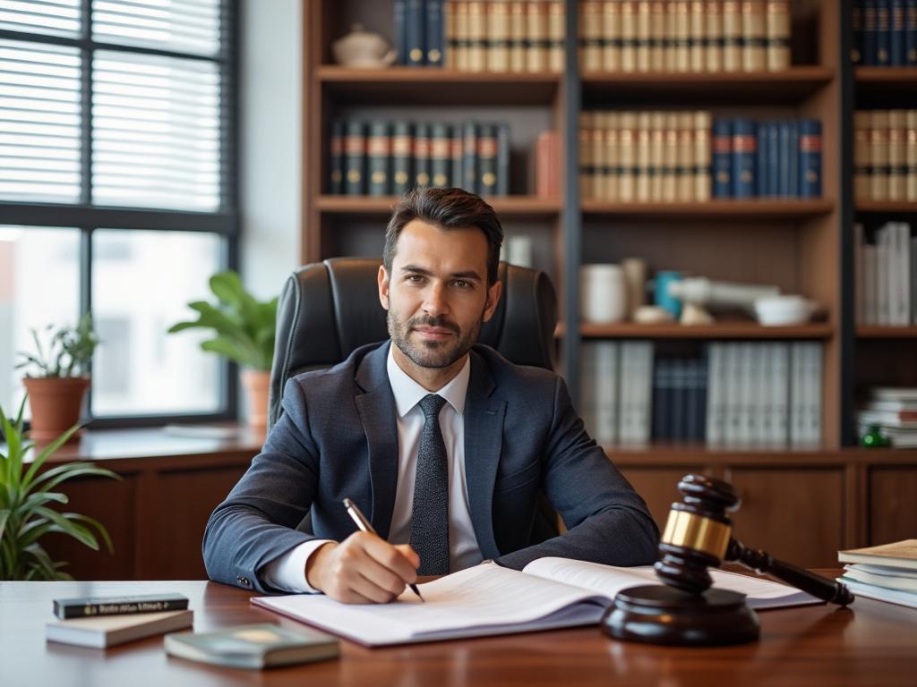 Confident lawyer in a suit writing at a desk with legal books and a gavel nearby in a well-lit office.