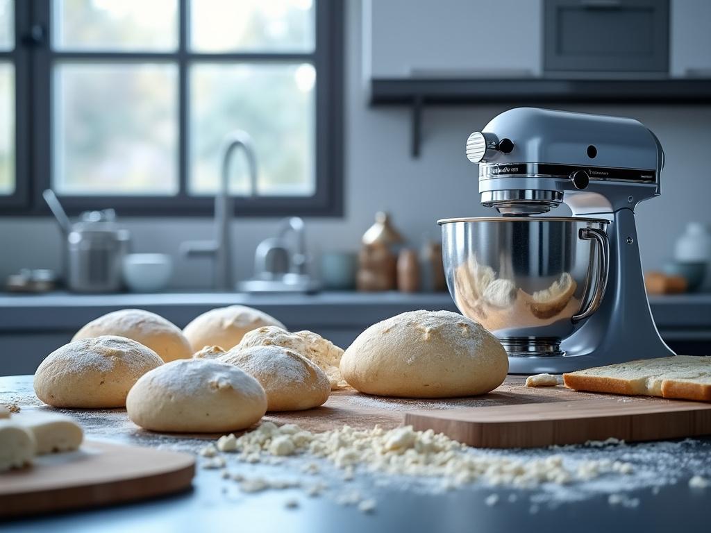 Amasadora eléctrica en cocina con panes recién horneados en tabla de madera.