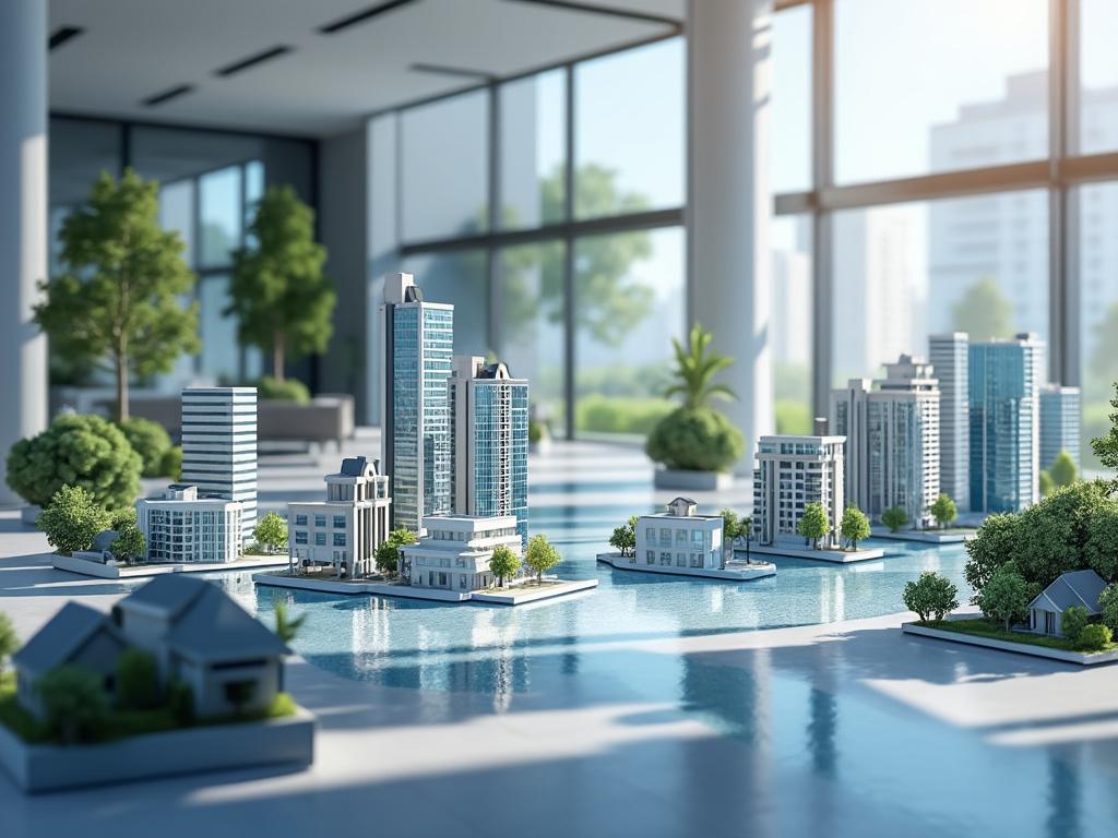 Maqueta de un moderno desarrollo urbano con rascacielos y zonas verdes en un espacio interior iluminado.