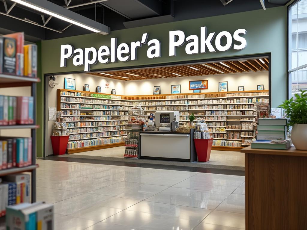 Entrada a tienda de papelería con estanterías llenas de productos y mostrador central, interior luminoso y moderno.