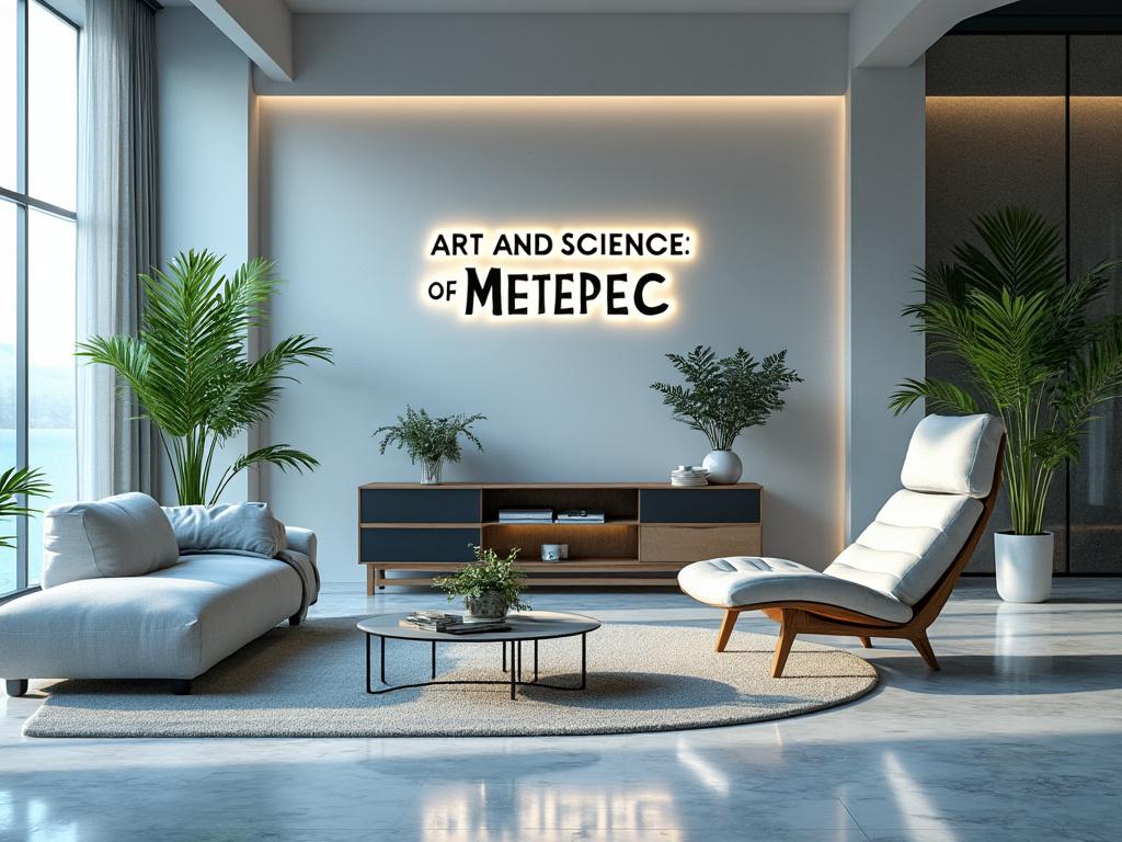 Sala moderna y elegante con sillón, sofá blanco, plantas verdes y texto 'Art and Science of Metepec' en la pared.