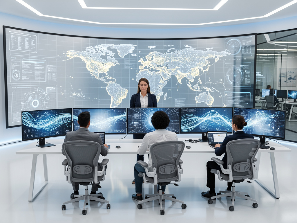 Centro de operaciones tecnológico con analistas monitoreando datos globales en pantallas y mapa mundial digital