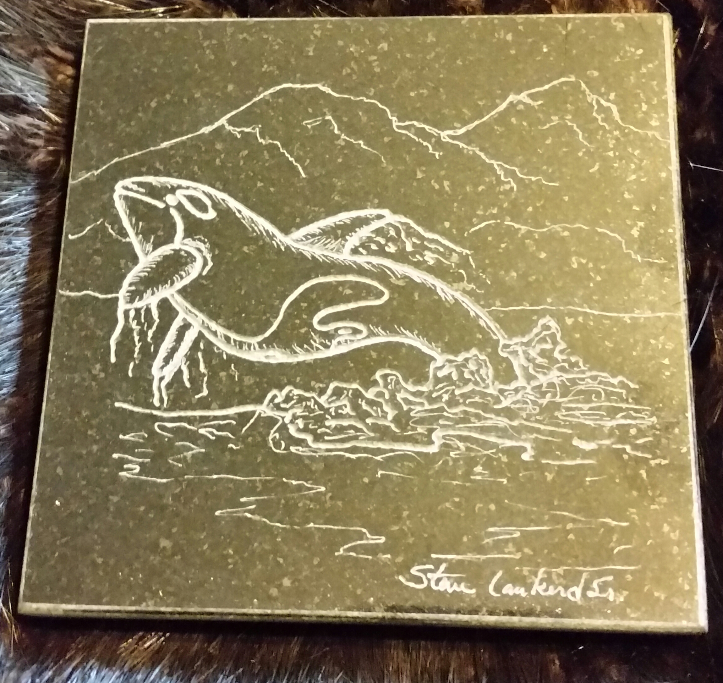 Hand engraved killer whale on a granite coffee coaster...  $25.00