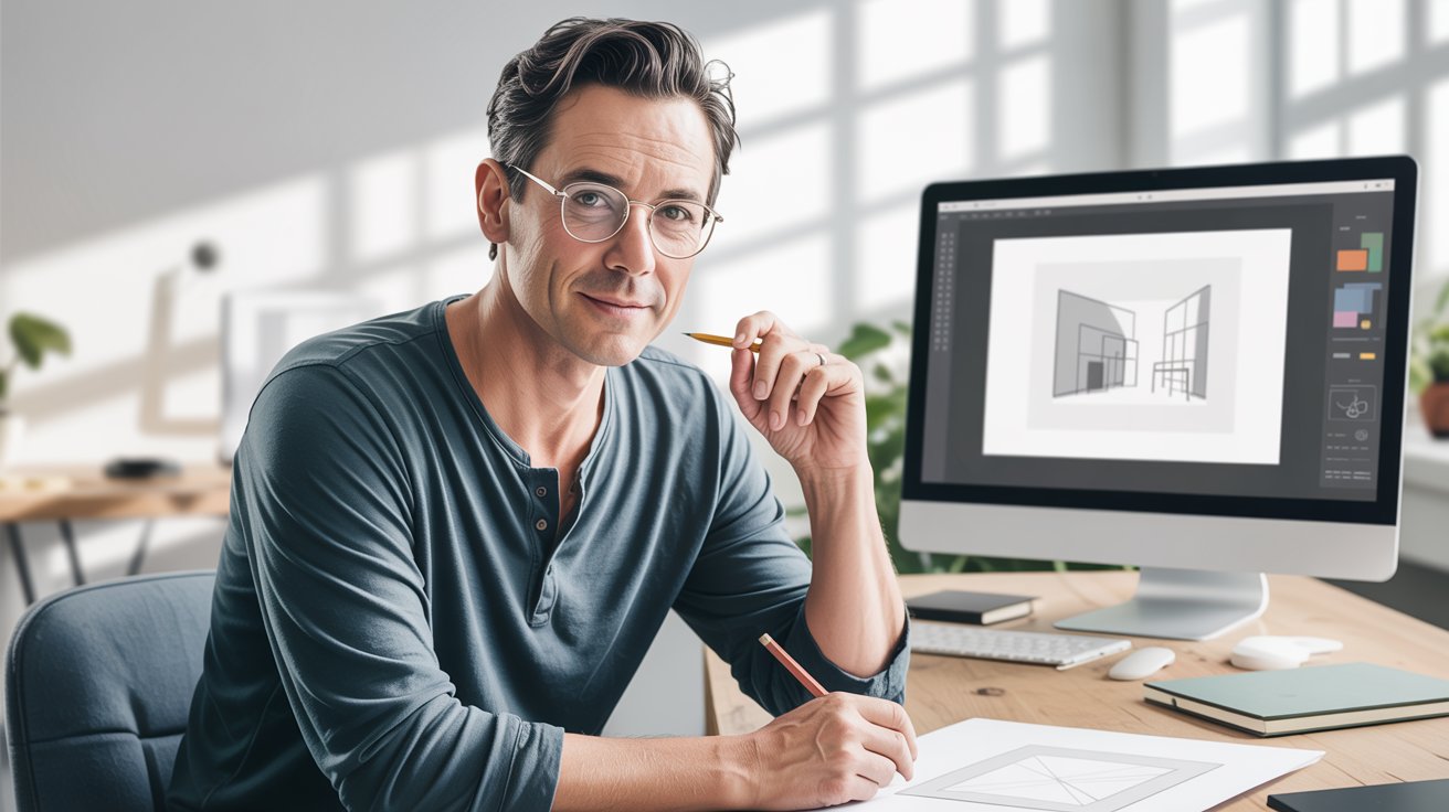 Architect working on design sketches at desk with computer displaying architectural software. Architect working on design sketches at desk with computer displaying architectural software.