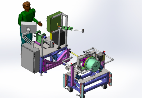 Interior de una moderna fábrica con maquinaria avanzada y un trabajador inspeccionando una máquina, rodeado de estaciones de trabajo con computadoras y equipos industriales.