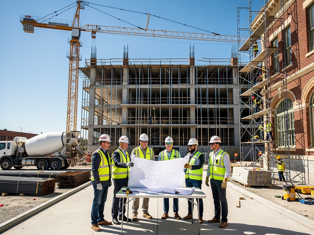 Construction team reviewing blueprints at urban building site with crane, scaffolding, and concrete mixer