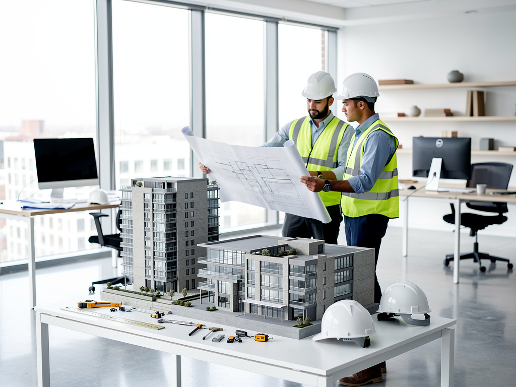 Arquitectos con cascos revisan planos junto a maqueta de edificio moderno en oficina de construcción