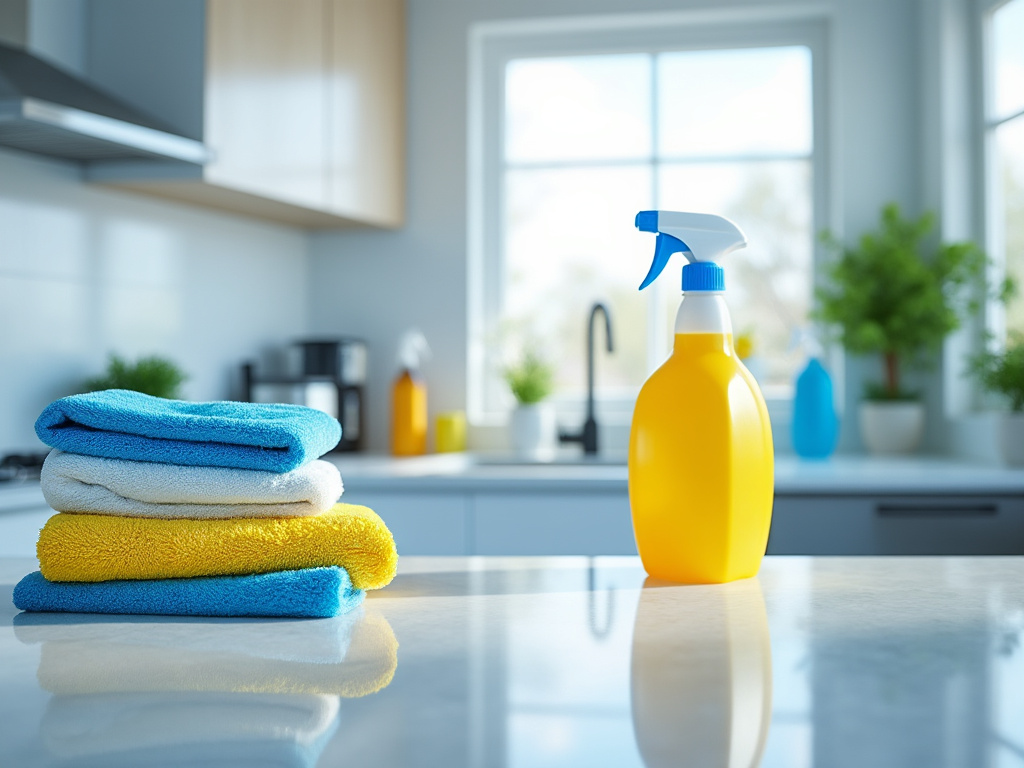 Cocina moderna con botella de spray amarilla y toallas coloreadas sobre la encimera, plantas al fondo.