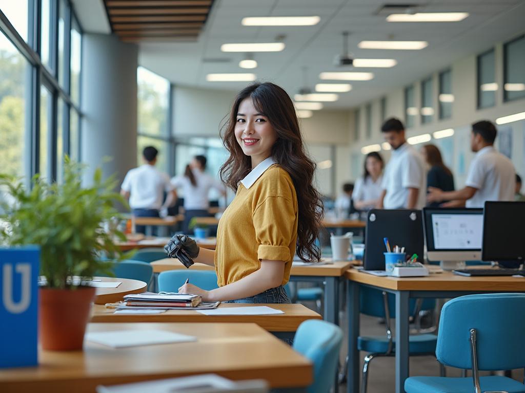 Mujer sonriente en un aula moderna con estudiantes de fondo, sosteniendo una cámara sobre un escritorio.
