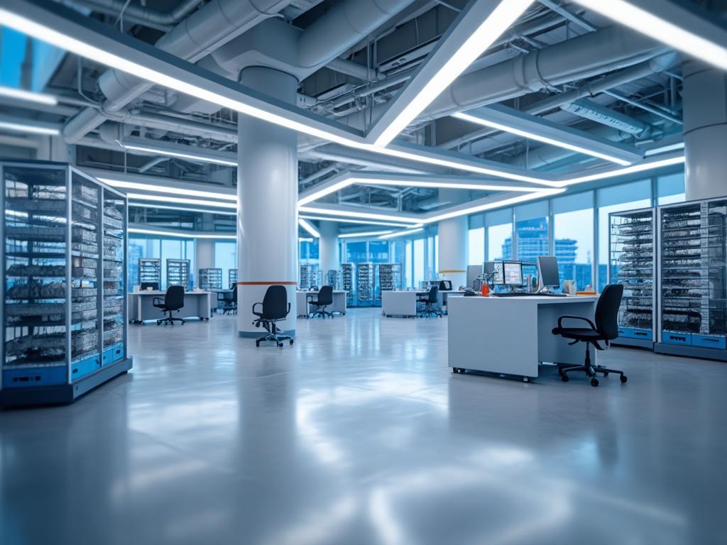 Oficina moderna con escritorios, sillas y servidores en un espacio amplio y techado con luces LED.