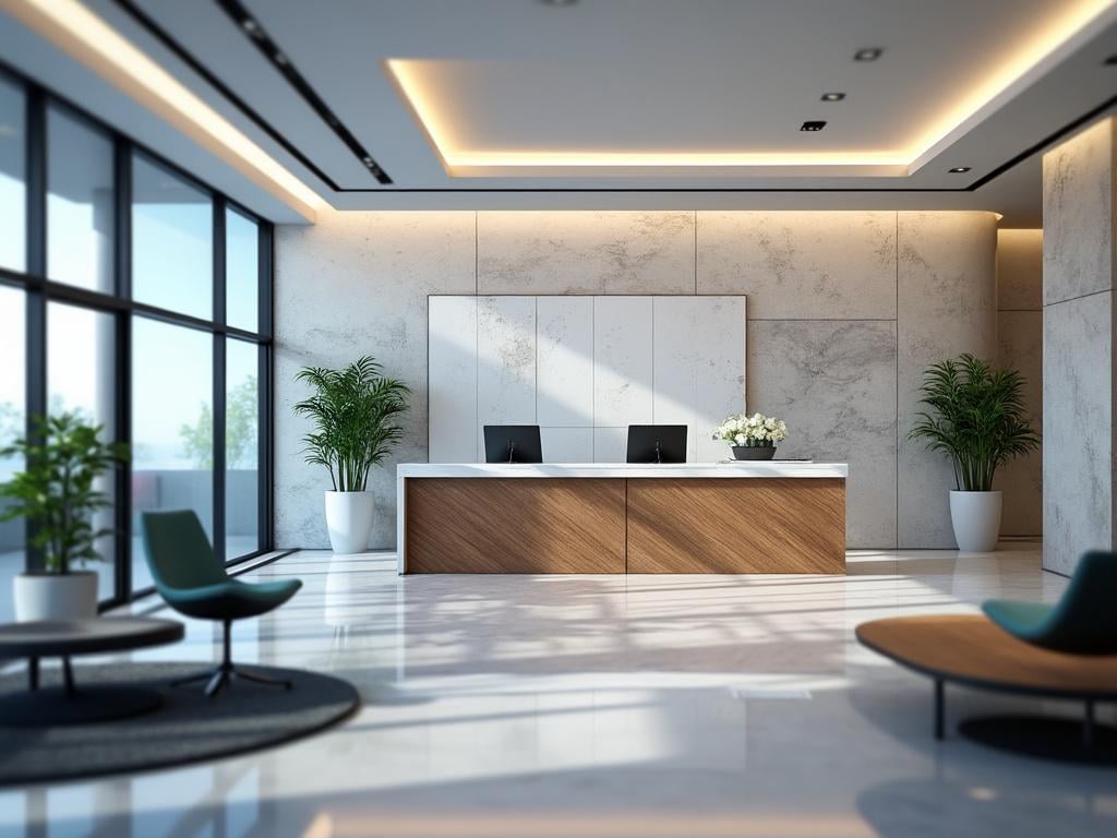 Recepción moderna con mostrador de madera, plantas en macetas y sillas elegantes en un espacio iluminado.