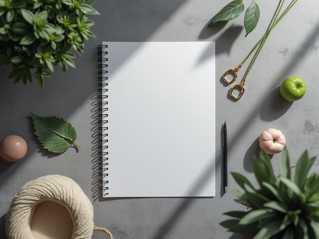 Top view of a blank spiral notebook surrounded by green leaves, plants, a small pumpkin, apple, and pen on a gray surface. Top view of a blank spiral notebook surrounded by green leaves, plants, a small pumpkin, apple, and pen on a gray surface.