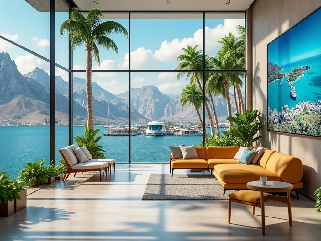 Sala moderna con vista al mar, grandes ventanales, sofás amarillos y palmeras decorativas.
