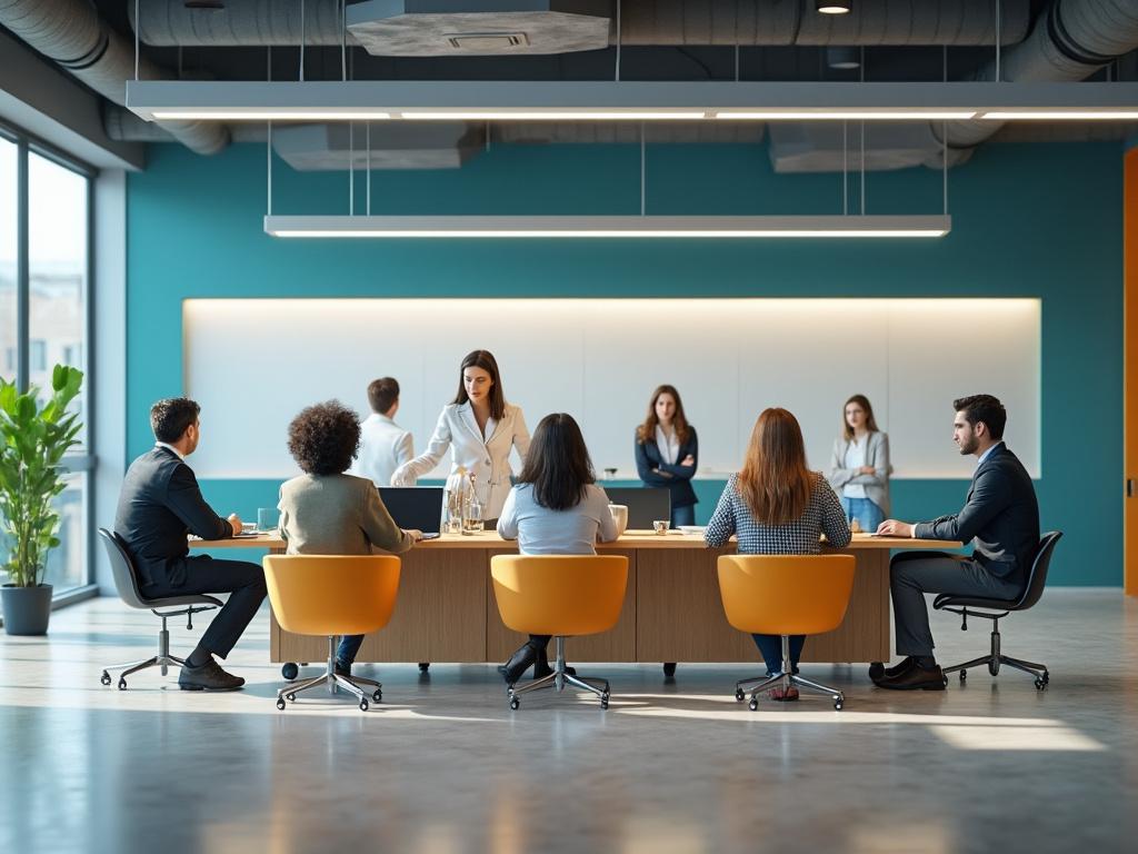 Reunión de oficina con personas sentadas alrededor de una mesa en un espacio moderno con paredes azules y plantas decorativas.