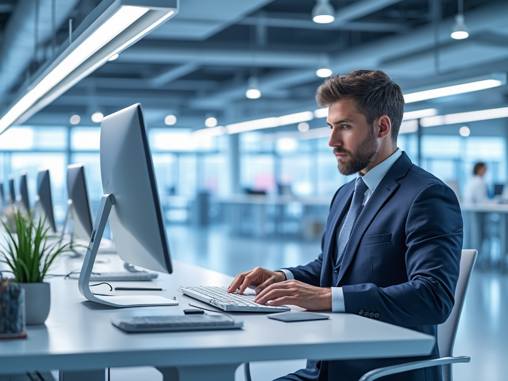 Hombre con traje trabajando en una oficina moderna frente a una computadora.