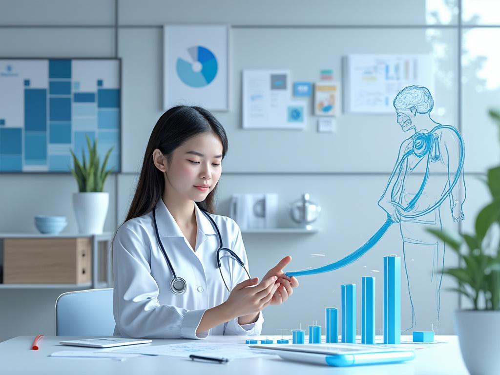 Doctora analizando datos médicos con gráficos y figura médica holográfica en oficina moderna.